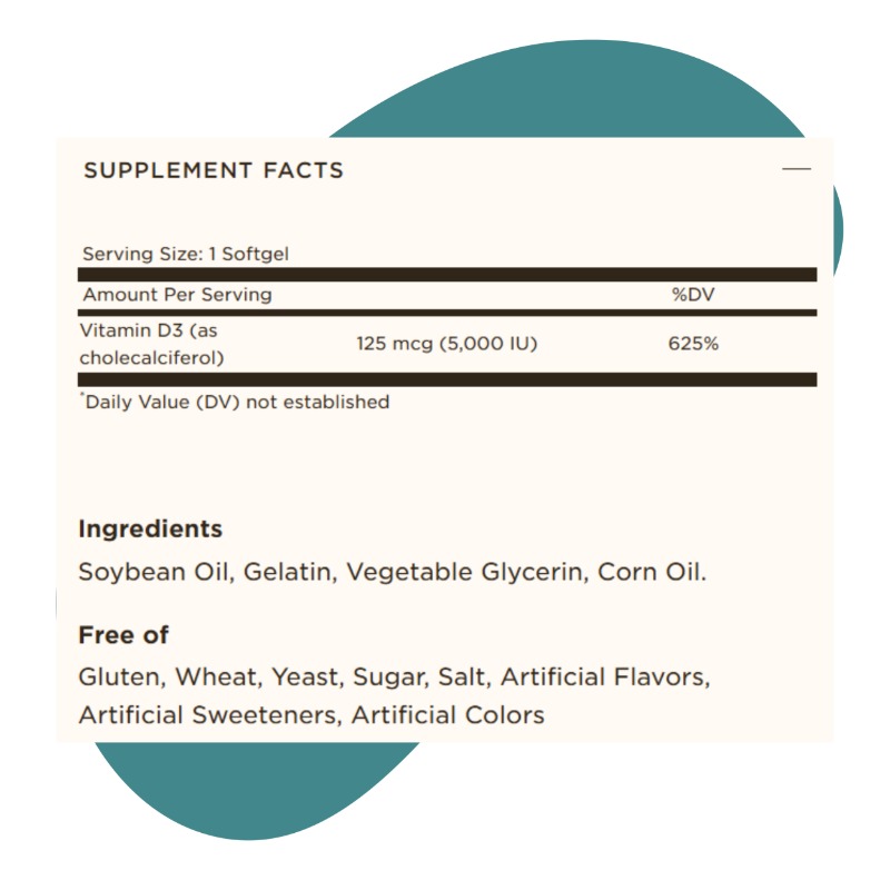 Vitamin D3 (Cholecalciferol) 125 mcg (5,000 IU), 100 Softgels 2