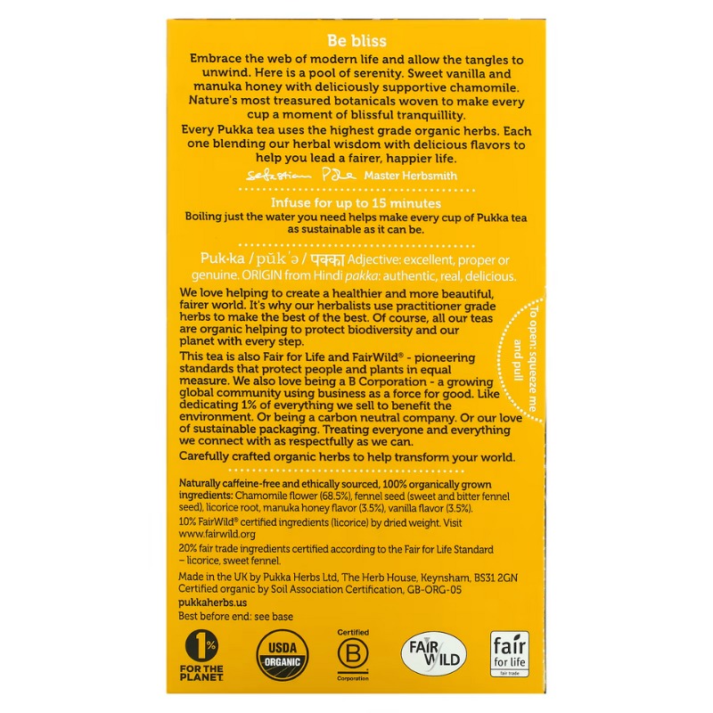 Organic Chamomile, Vanilla & Manuka Honey Tea 1